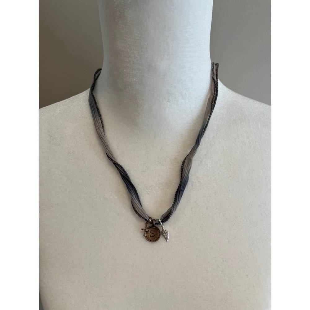 Silpada Ombre Silk Ribbon Necklace Mixed Metal Charms Initial S Leaf Cross Grey